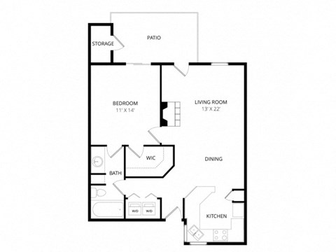 Floor plan for 1 bed, 1 bath, 697 sqft